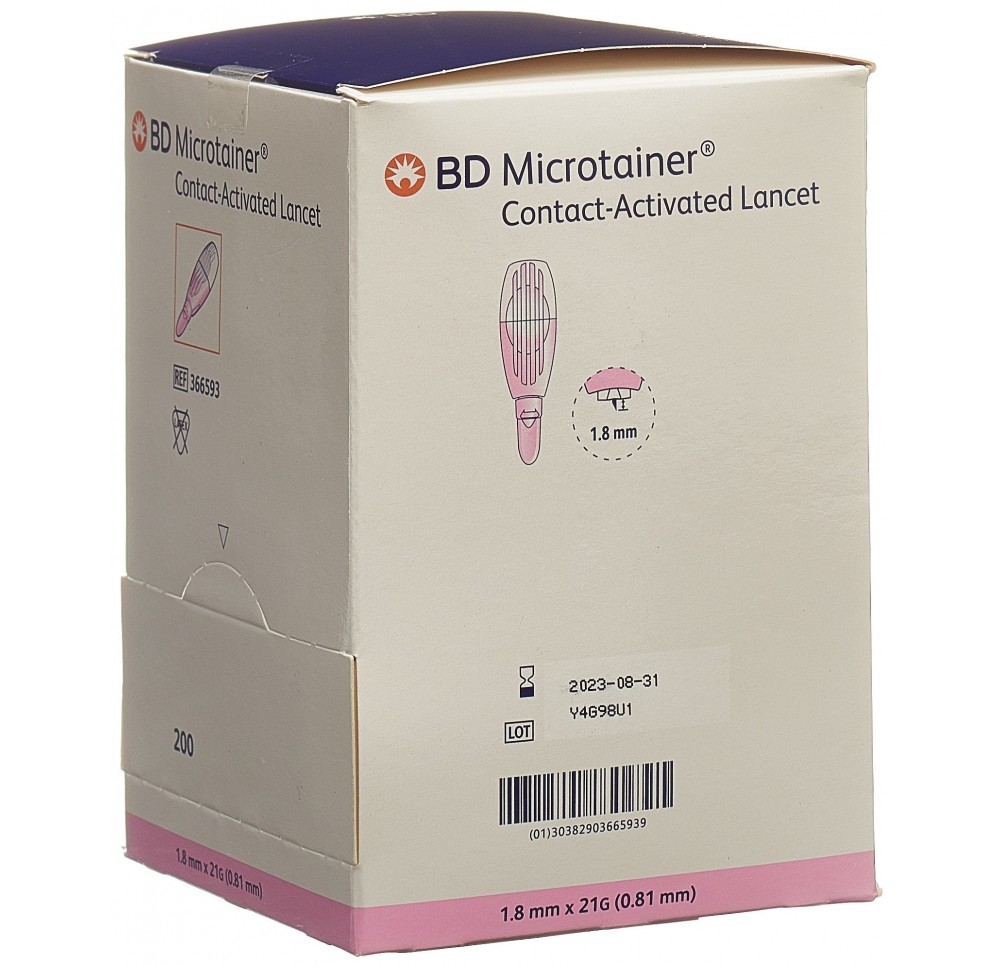 BD MICROTAINER lancettes cont 21Gx1.8mm pi 200 pce