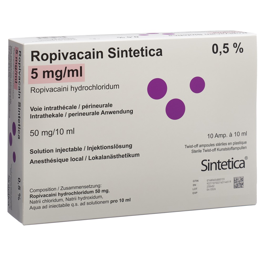 ROPIVACAIN Sintetica 5 mg/ml 10ml amp 10 pce ROPIVACAIN Sintetica 5 mg/ml 10ml amp 10 pce