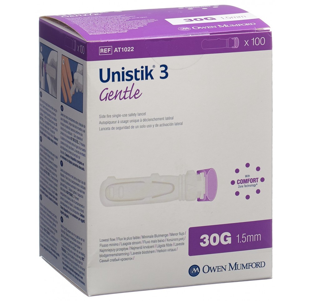 UNISTIK 3 lancettes Gentle 30G (1.5mm) 100 pce