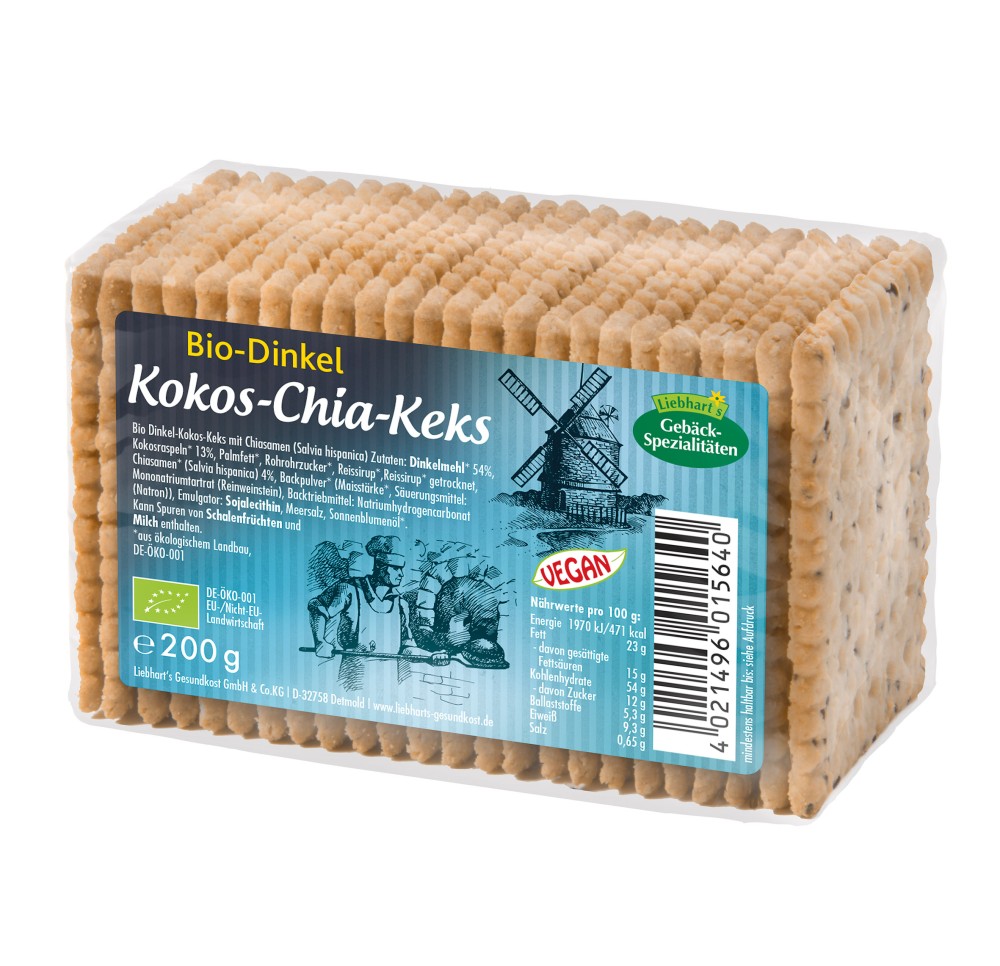 LIEBHARTS biscuits épeautre coco chia bio 200 g LIEBHARTS biscuits épeautre coco chia bio 200 g