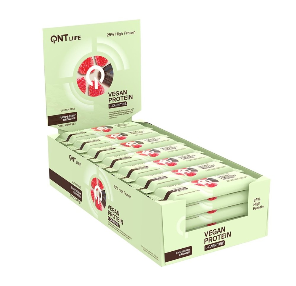 QNT LIIFE Prot Bar 25%+L-Ca Veg Rasp Bro 28 x 40 g