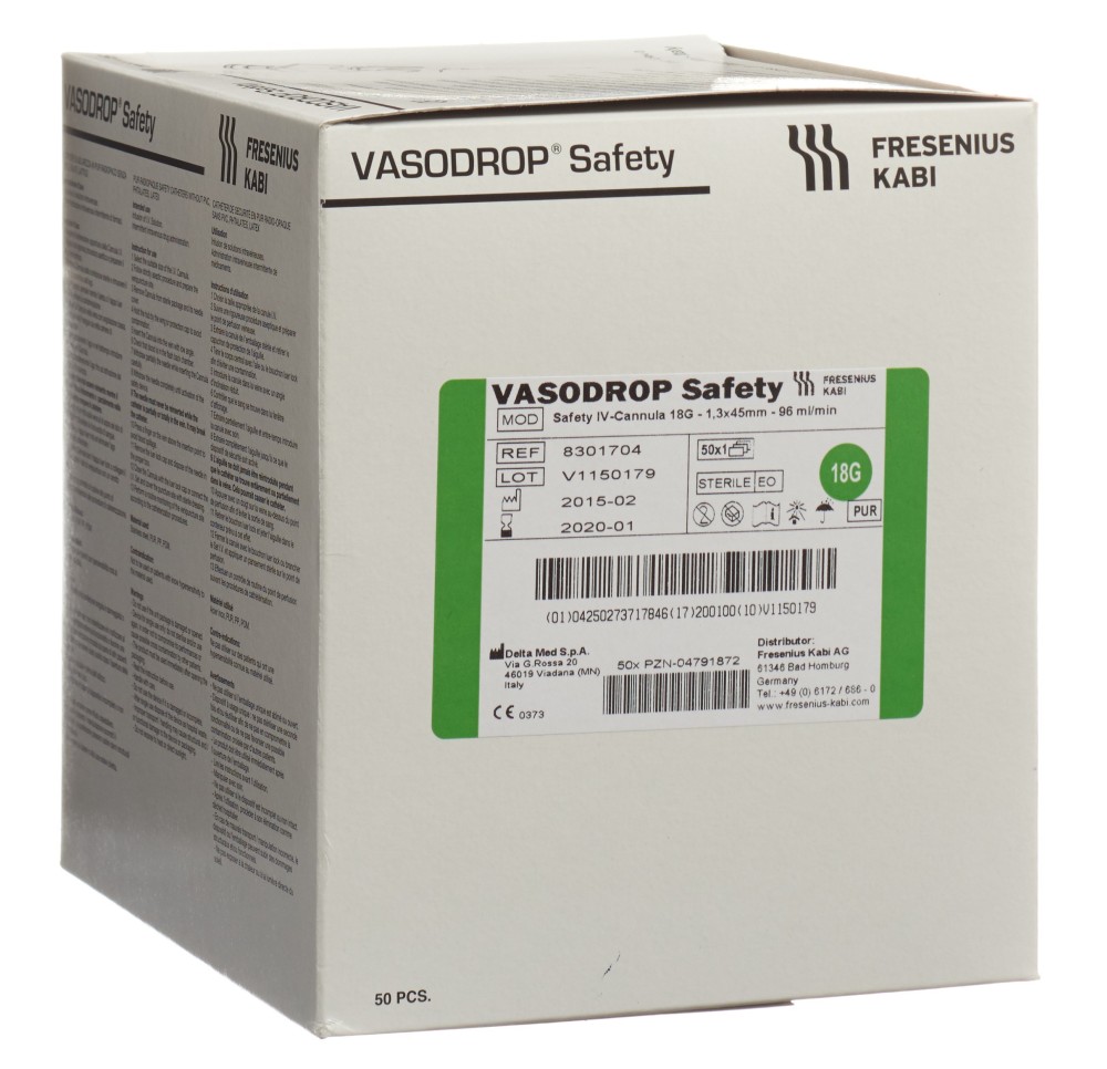 VASODROP Safety IV Cannula 18G 45mm/S 50 pce