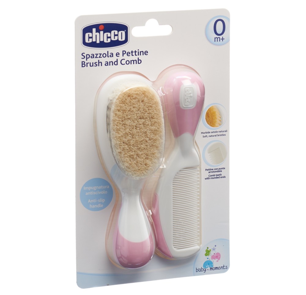 CHICCO brosse et peigne soie naturelle pink 0m+