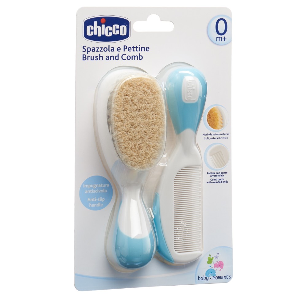 CHICCO brosse et peigne soie naturelle li bl  0m+