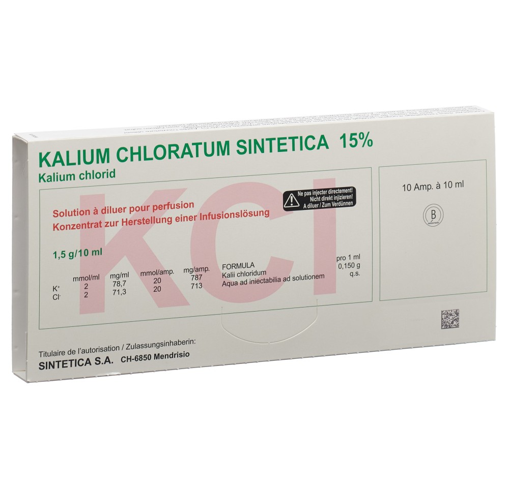 KCL 15% Sintetica 20 mmol/10ml 10 amp 10 ml KCL 15% Sintetica 20 mmol/10ml 10 amp 10 ml