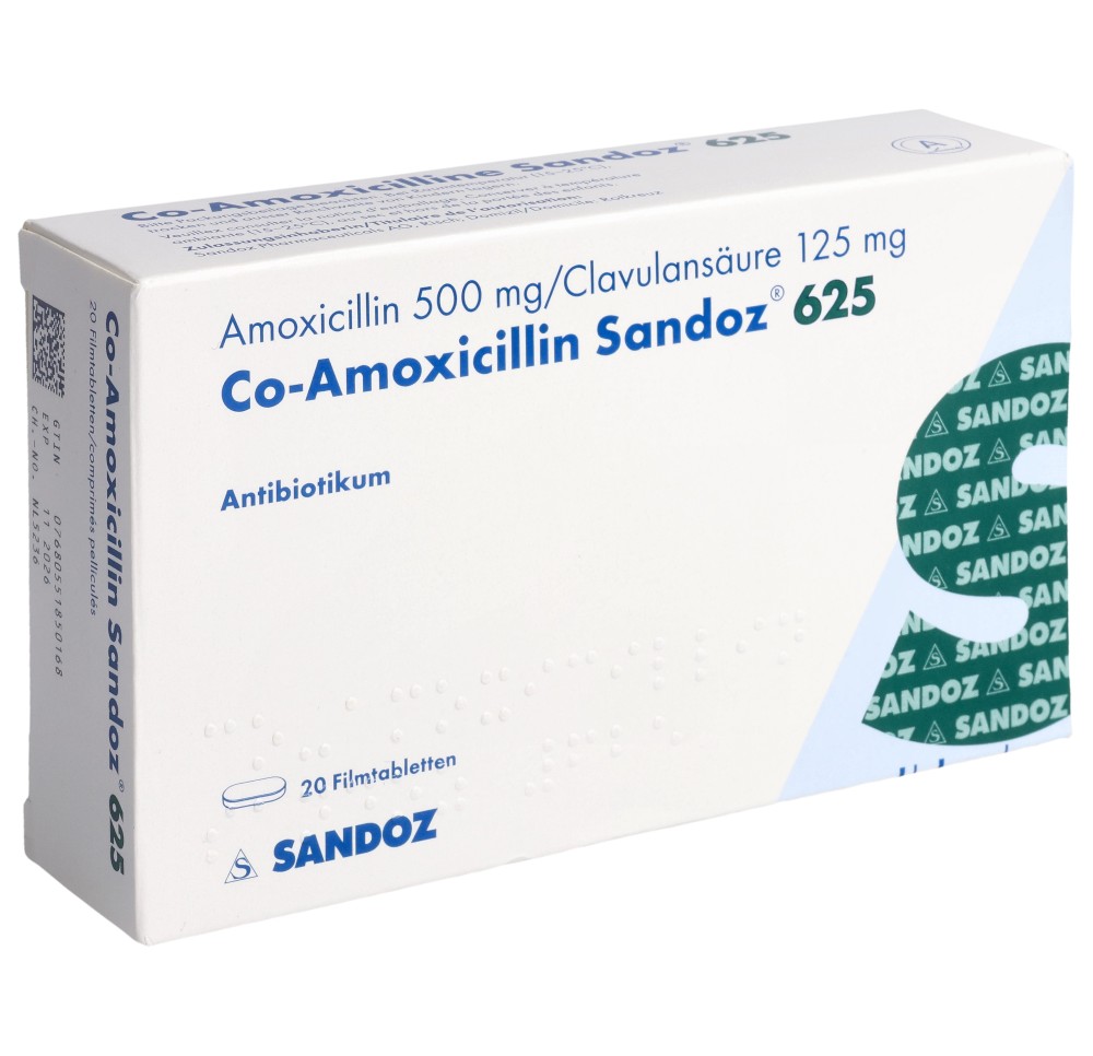 CO-AMOXICILLINE Sandoz cpr pell 625 mg 20 pce CO-AMOXICILLINE Sandoz cpr pell 625 mg 20 pce