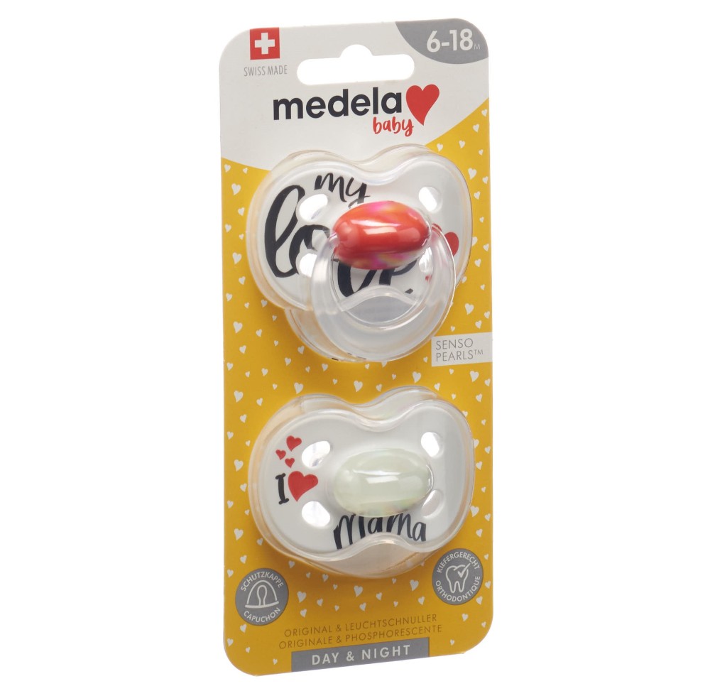 MEDELA Baby Sucette Day&Night 6-18 Sig Love 2 pce MEDELA Baby Sucette Day&Night 6-18 Sig Love 2 pce