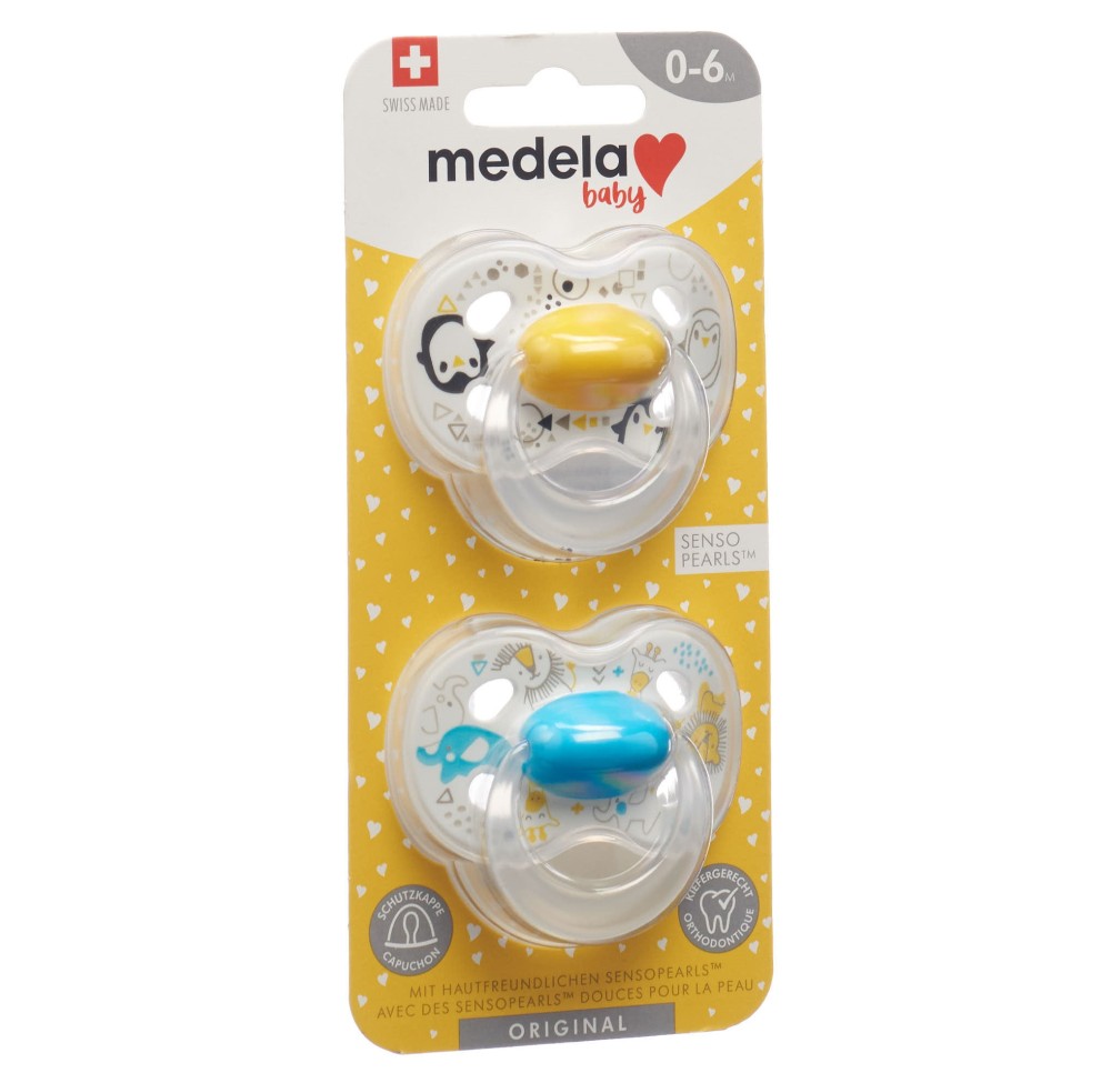 MEDELA Baby Sucette Original 0-6 jaune bleu 2 pce MEDELA Baby Sucette Original 0-6 jaune bleu 2 pce