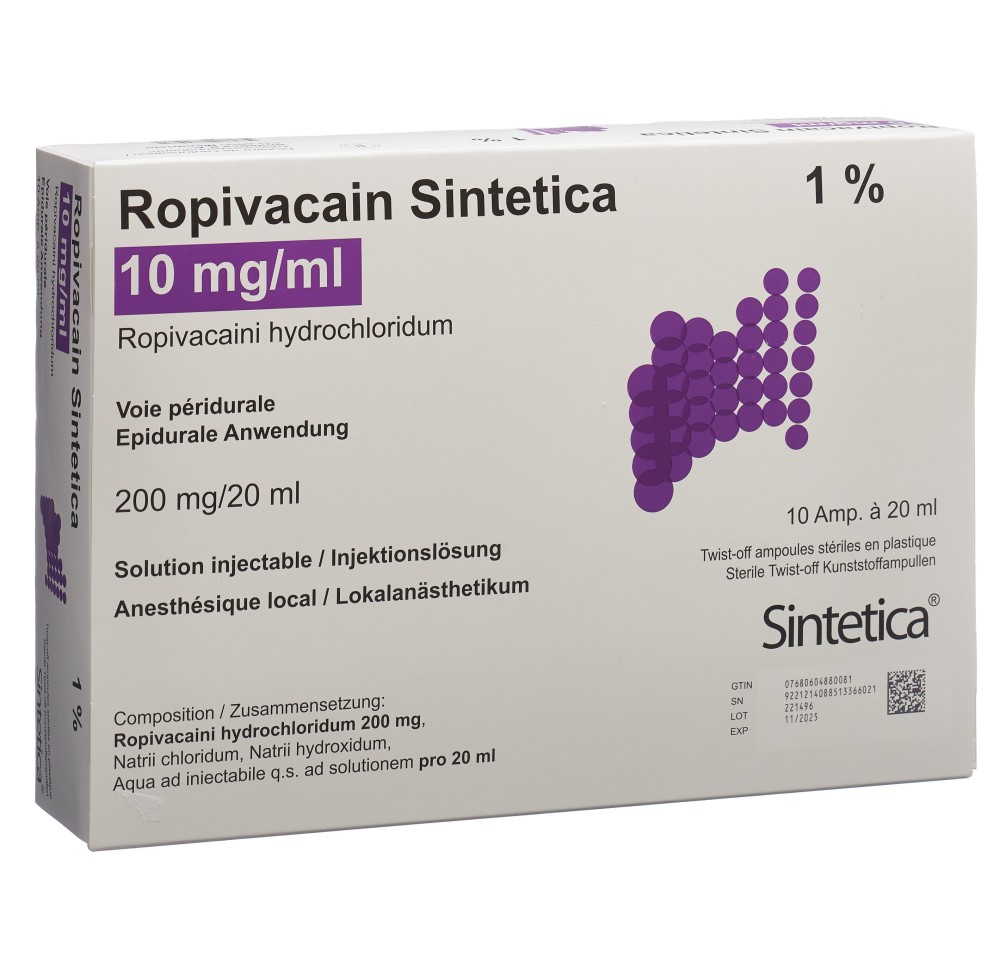 ROPIVACAIN Sintetica 10 mg/ml 20ml amp 10 pce ROPIVACAIN Sintetica 10 mg/ml 20ml amp 10 pce