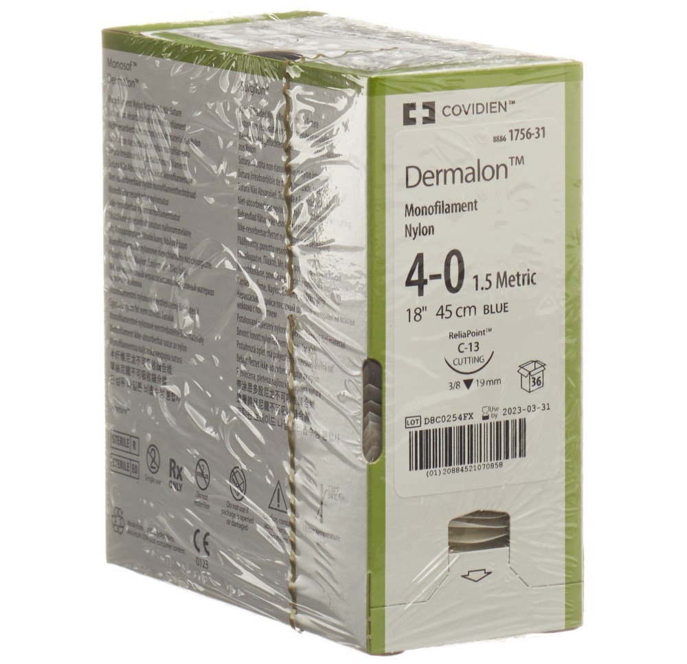 DERMALON 45cm bleu 4-0 C-13 36 pce